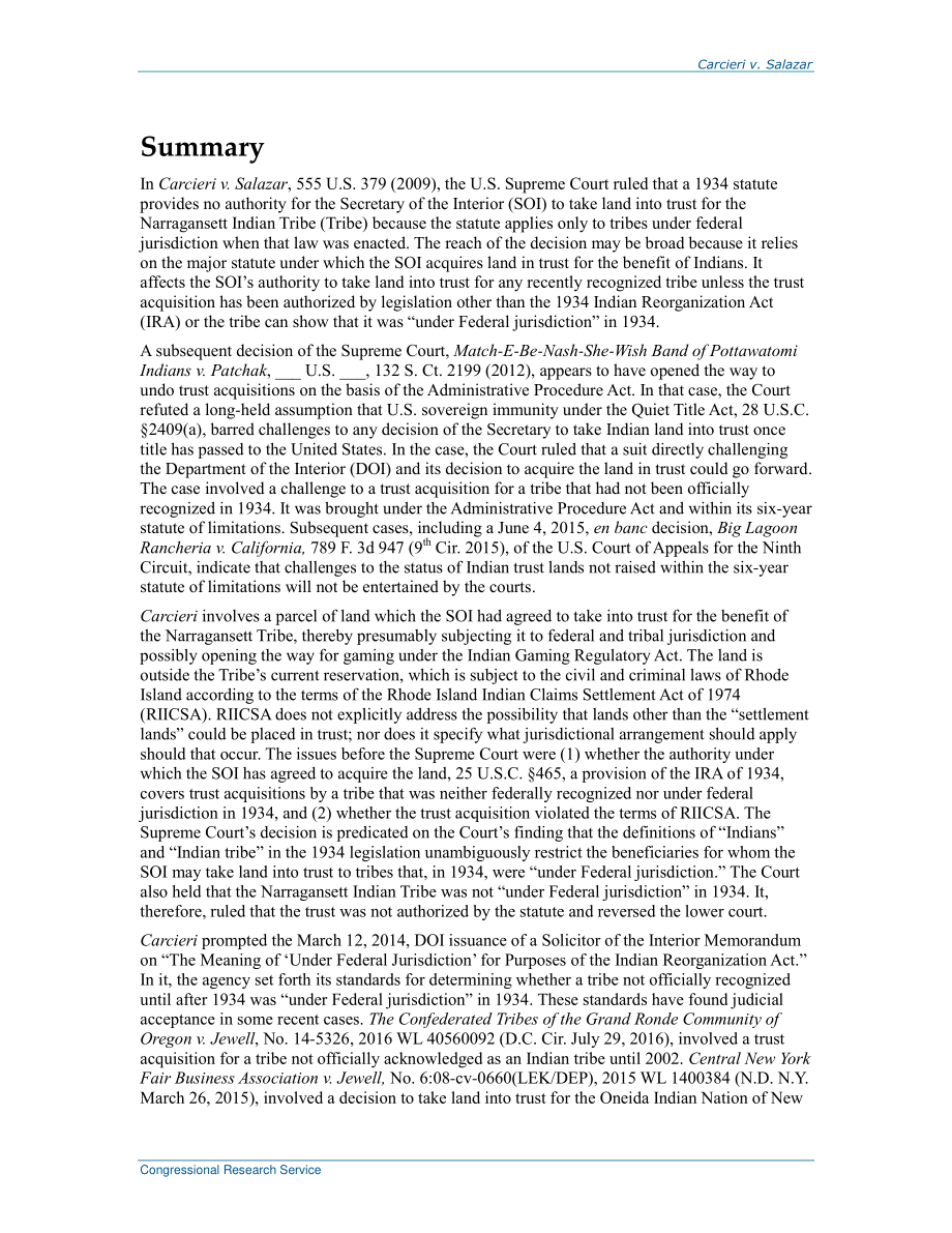 [20160823]RL34521_Carcieri诉Salazar：内政部长不得根据《美国法典》第25卷第465节的规定为纳拉甘塞特印第安部落获得信托土地因为该法令适用于1934年“受联邦管辖”的部落.pdf_第2页