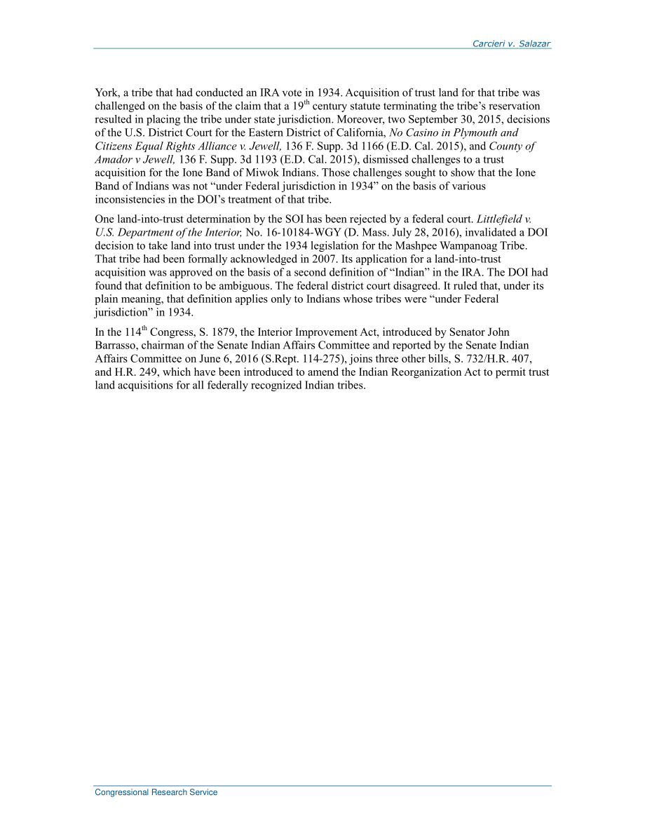 [20160823]RL34521_Carcieri诉Salazar：内政部长不得根据《美国法典》第25卷第465节的规定为纳拉甘塞特印第安部落获得信托土地因为该法令适用于1934年“受联邦管辖”的部落.pdf_第3页