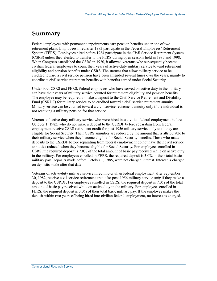 [20140327]R40428_联邦文职雇员退休制度下的兵役信贷.pdf_第2页