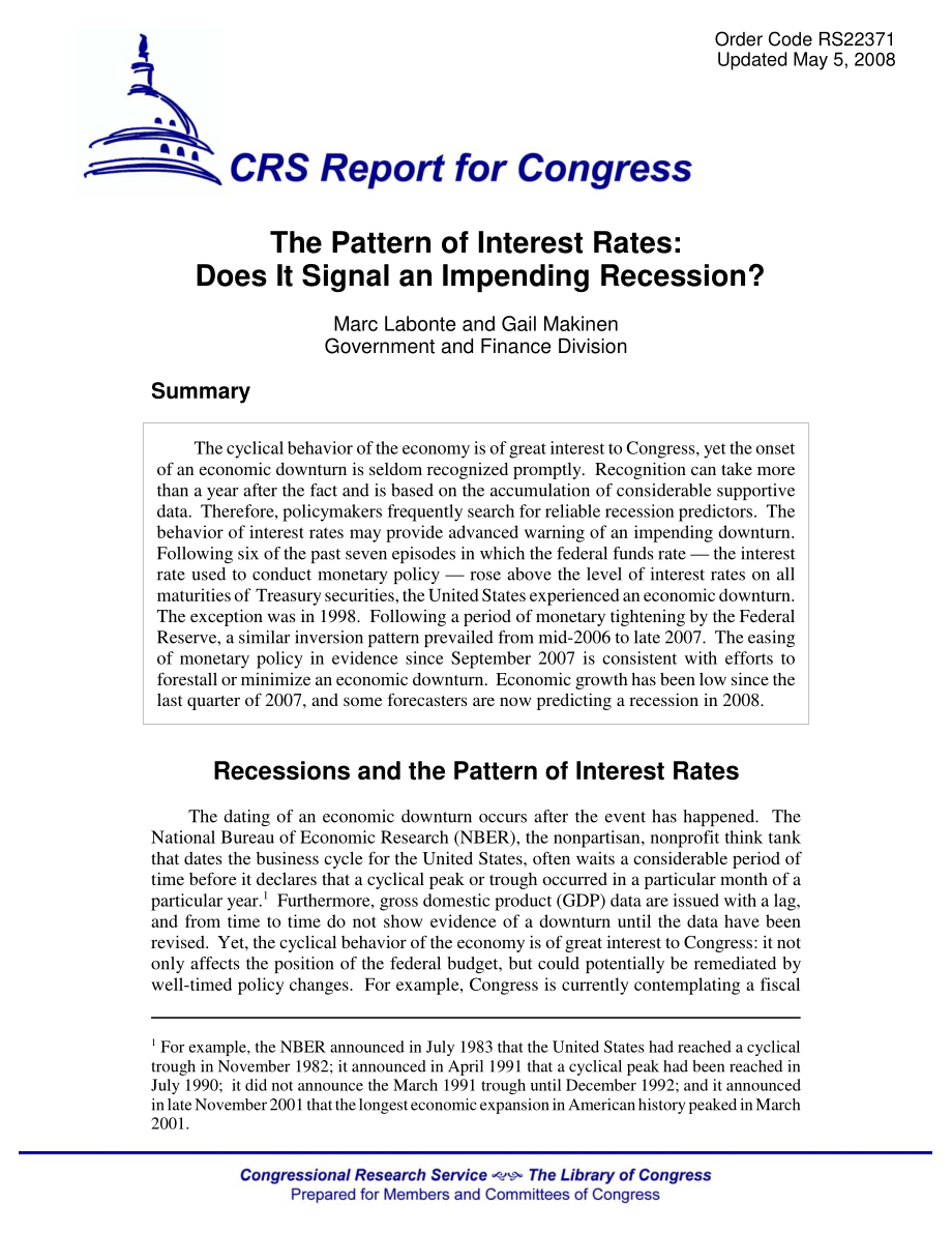 [20080505]RS22371_利率模式：这是否预示着即将到来的衰退？.pdf_第1页
