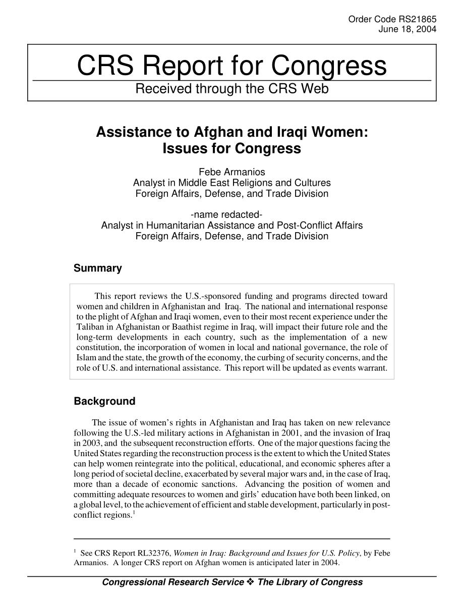 [20040618]RS21865_向阿富汗和伊拉克妇女提供援助：国会议题.pdf_第1页