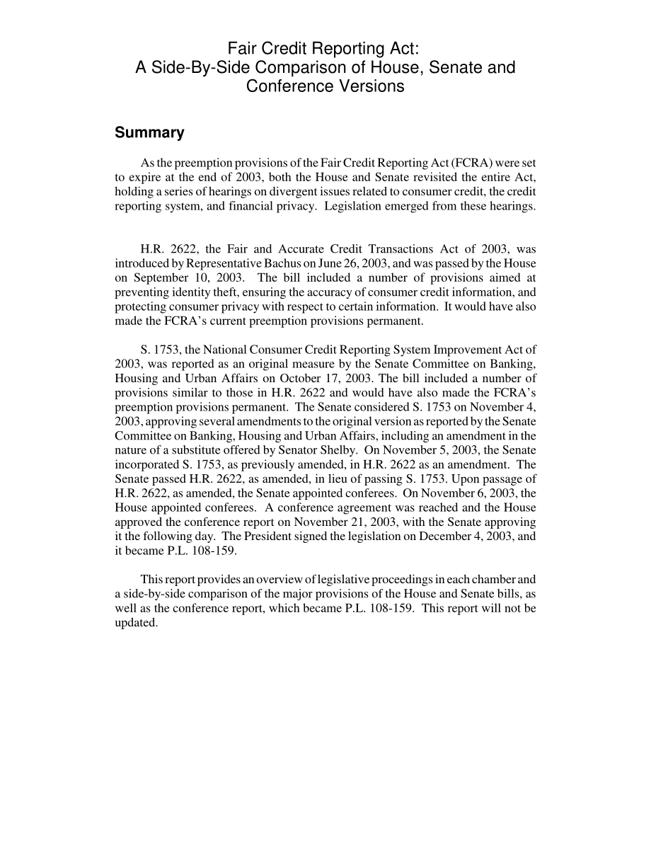 [20031211]RL32121_公平信用报告法：众议院、参议院和会议版本的并列比较.pdf_第2页