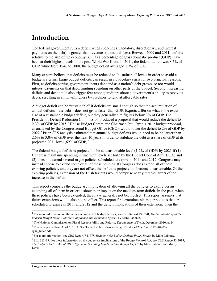 [20111216]R42117_可持续的预算赤字：2011年和2012年主要到期政策概述及其预算影响.pdf_第2页
