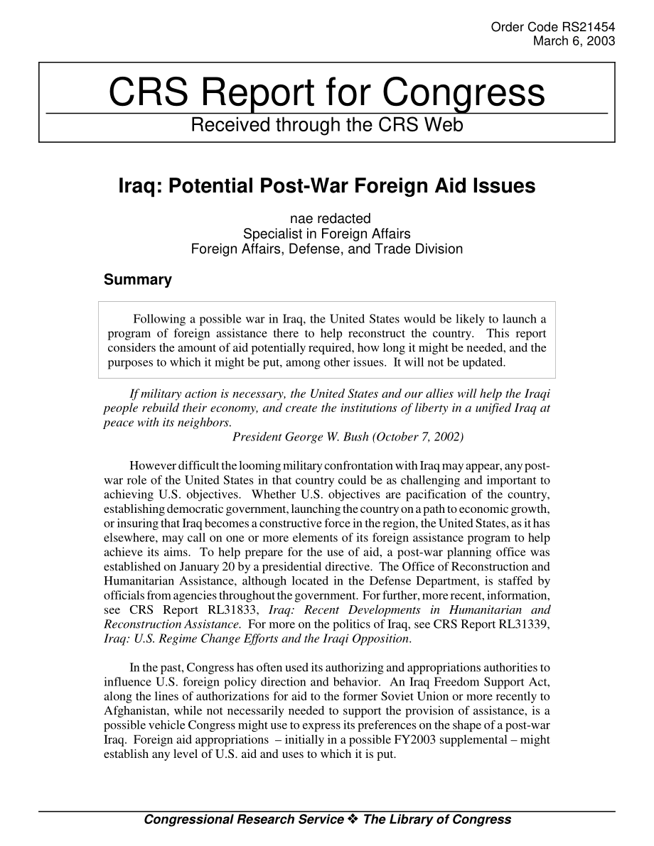 [20030306]RS21454_伊拉克：战后潜在的对外援助问题.pdf_第1页