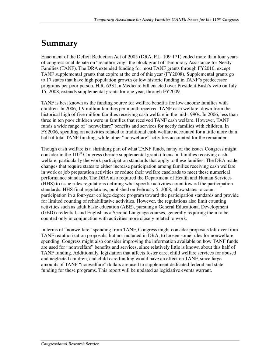 [20080716]RL34206_贫困家庭临时援助（TANF）：第110届大会议题.pdf_第2页