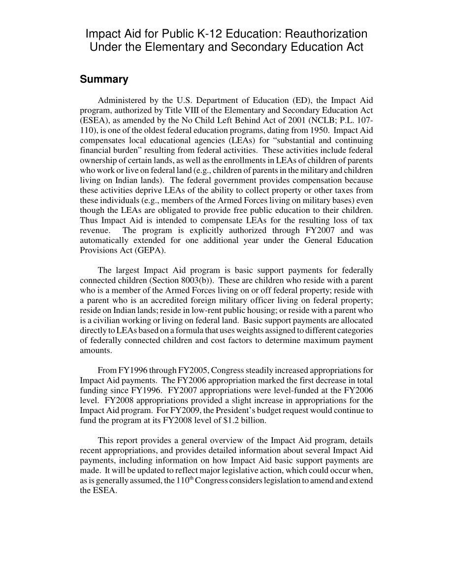 [20080321]RL34119_公共K-12教育影响援助：根据《中小学教育法》重新授权.pdf_第2页