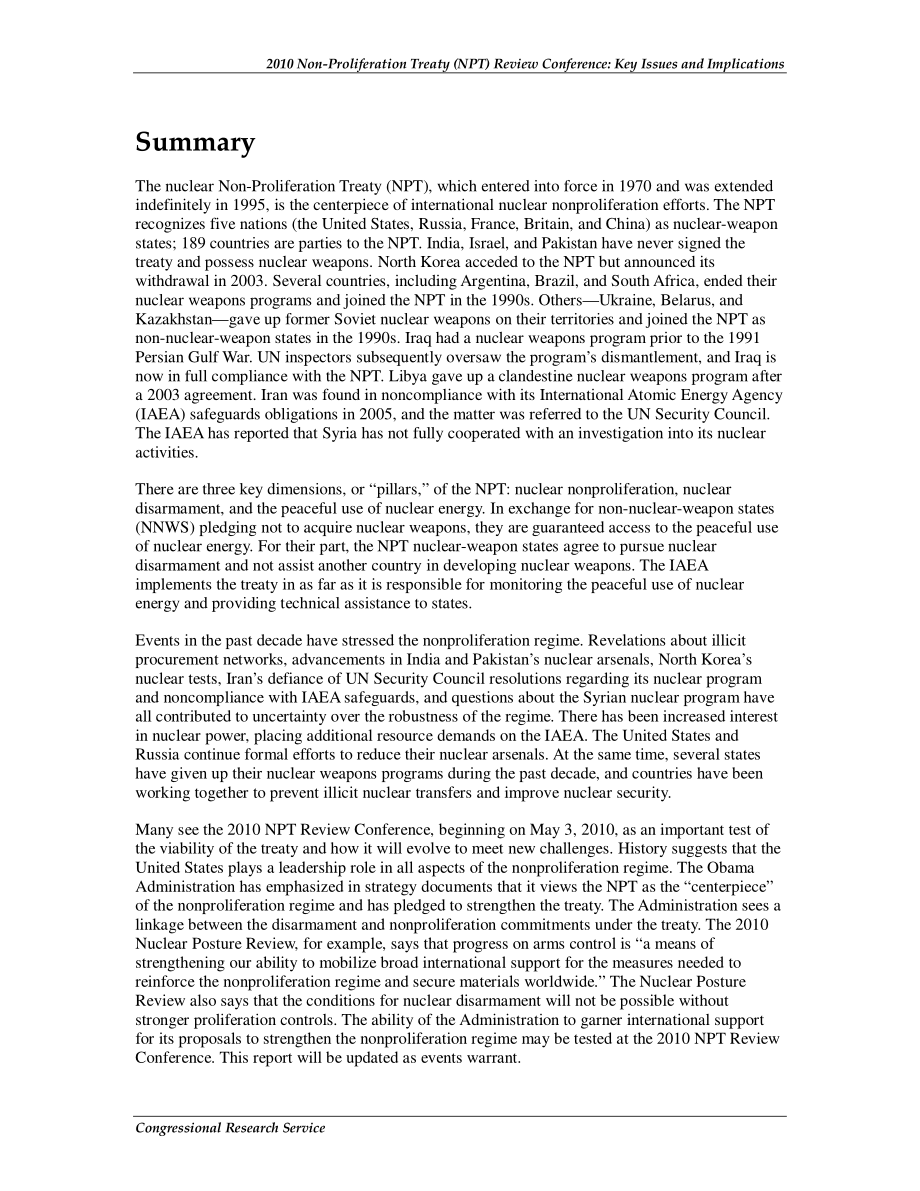 [20100503]R41216_2010年不扩散条约（NPT）审议大会：关键问题和影响.pdf_第2页