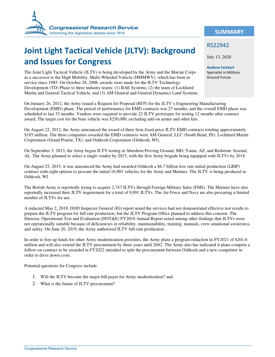 [20200713]RS22942_联合轻型战术车辆（JLTV）：国会背景和议题.pdf_第2页