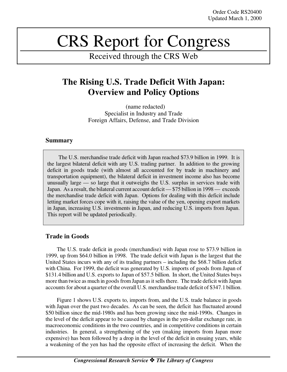 [20000301]RS20400_美国对日贸易逆差不断上升：概述和政策选项.pdf_第1页