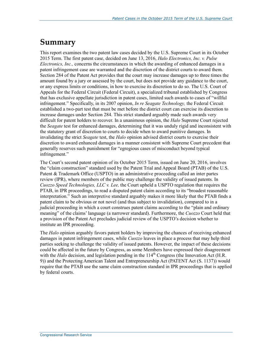 [20160907]R44622_2015年10月美国最高法院任期内的专利案件：Halo Electronics诉Pulse Electronics和Cuozzo Speed Technologies诉Lee.pdf_第2页