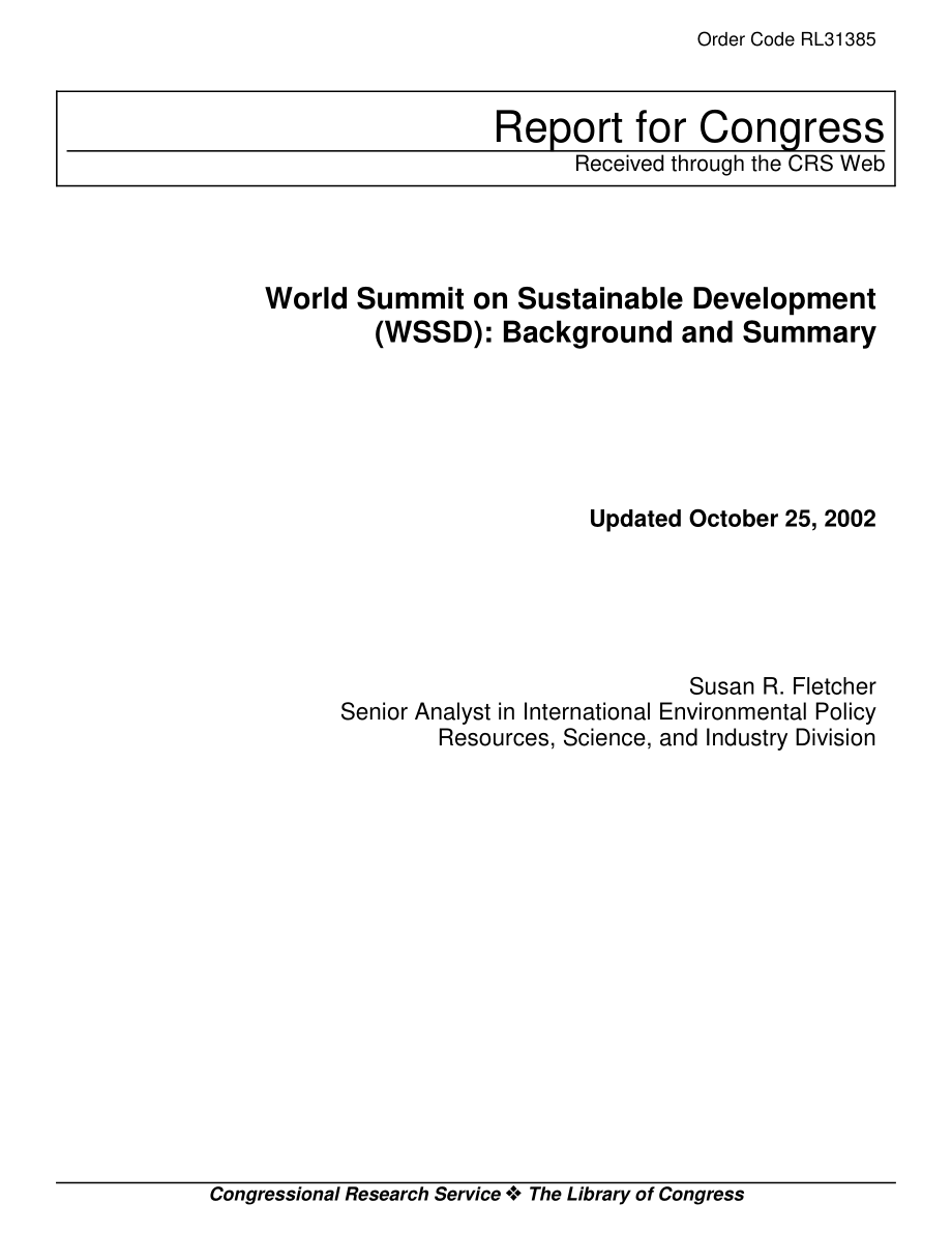 [20021025]RL31385_可持续发展问题世界首脑会议（WSSD）：背景和总结.pdf_第1页