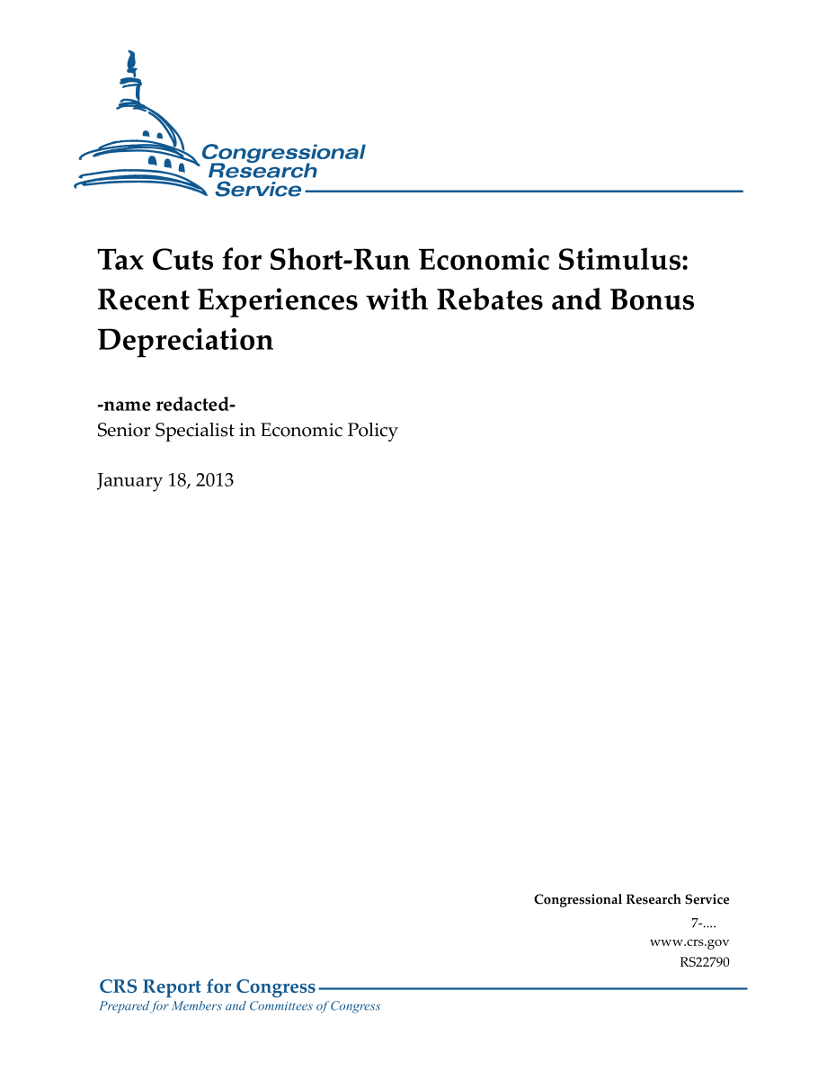 [20130118]RS22790_短期经济刺激减税：回扣和奖金折旧的近期经验.pdf_第1页