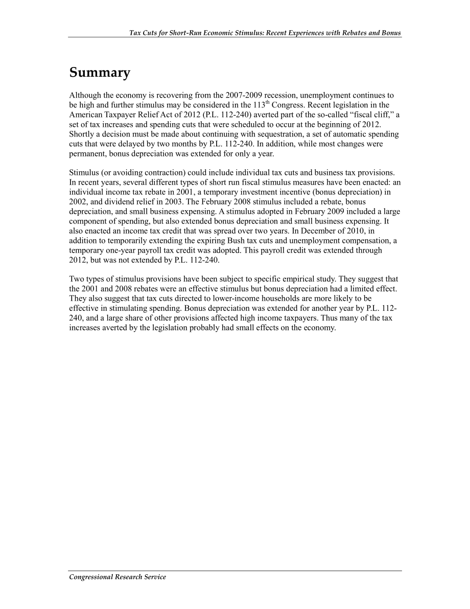 [20130118]RS22790_短期经济刺激减税：回扣和奖金折旧的近期经验.pdf_第2页