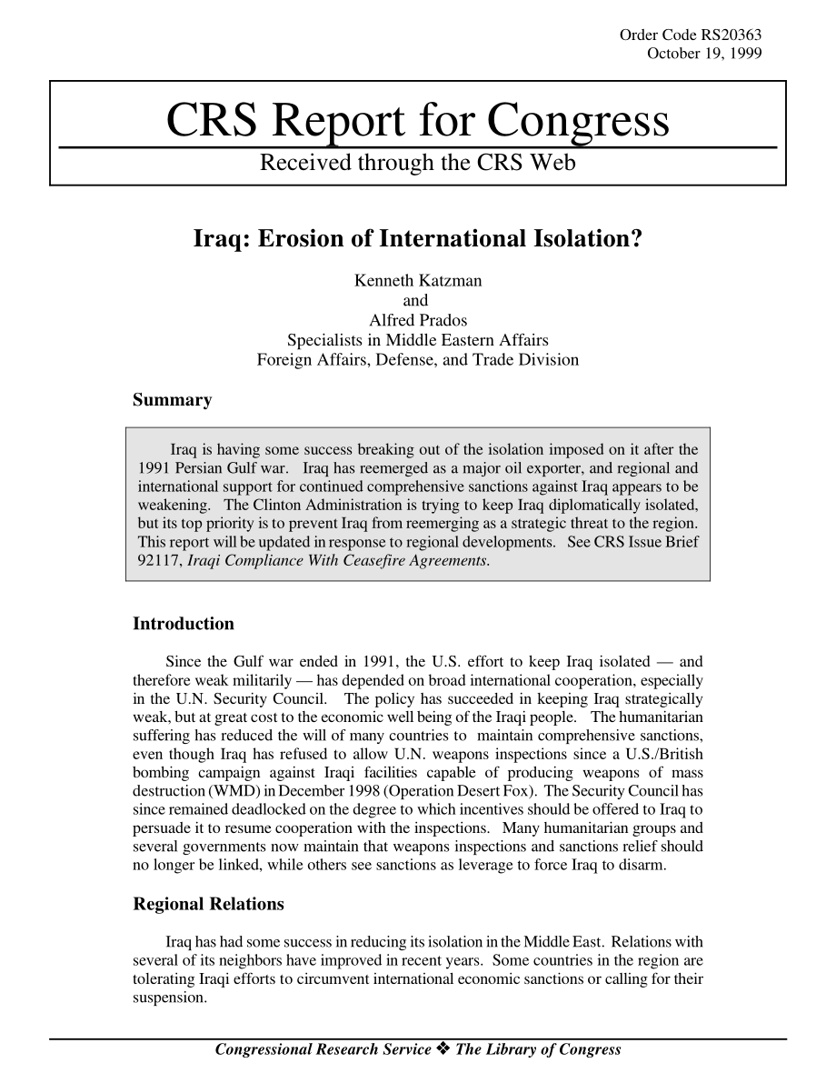 [19991019]RS20363_伊拉克： Erosion of International Isolation.pdf_第1页
