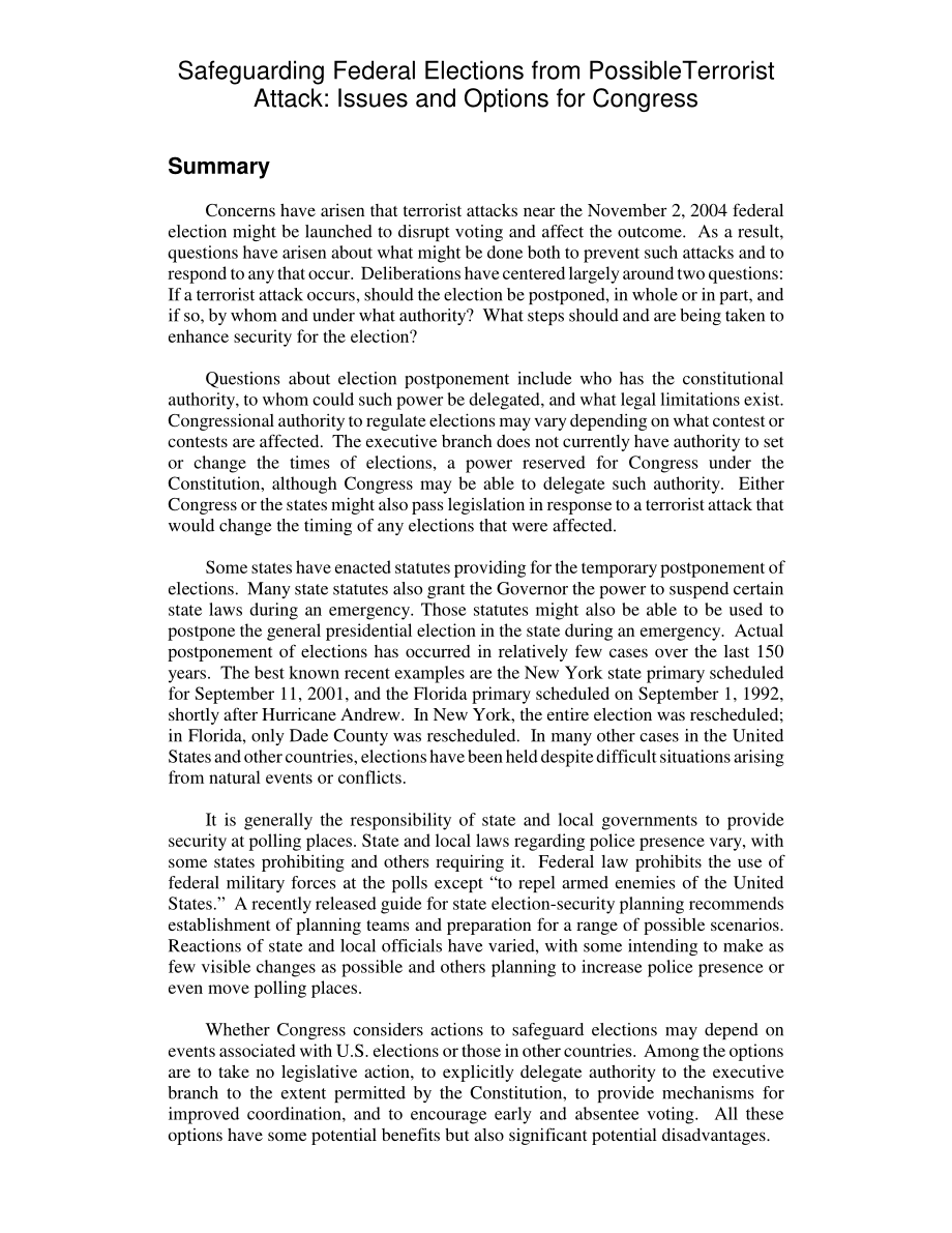 [20041027]RL32654_保护联邦选举免受可能的恐怖袭击：国会的议题和选择.pdf_第2页