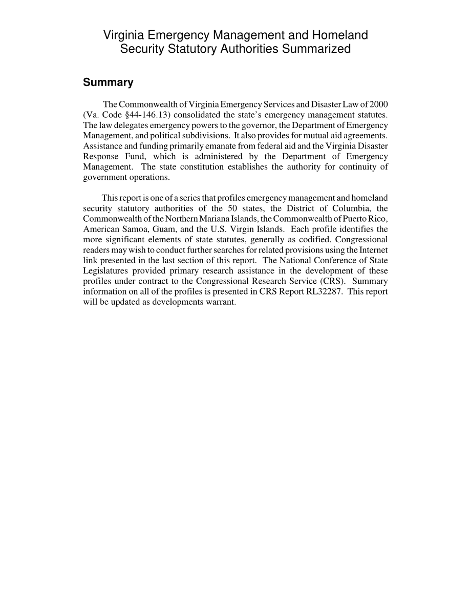 [20040527]RL32406_弗吉尼亚州应急管理和国土安全法定机构总结.pdf_第2页
