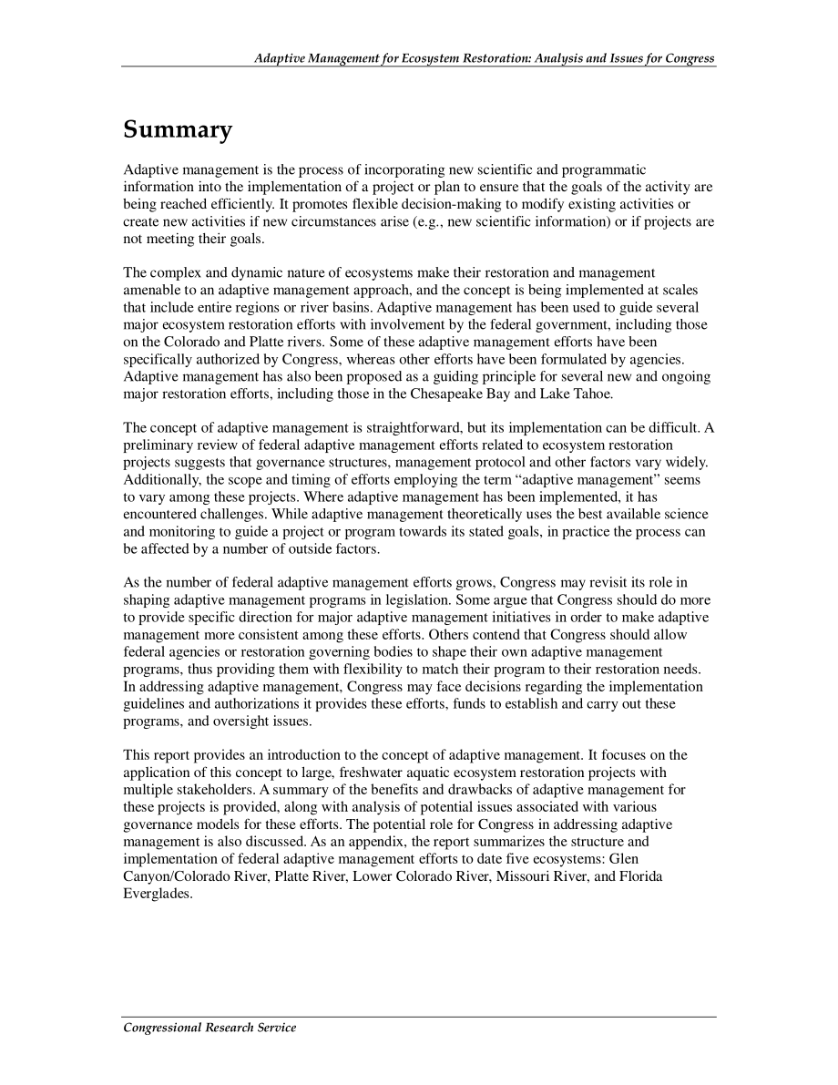 [20110304]R41671_生态系统恢复的适应性管理：国会的分析和问题.pdf_第2页