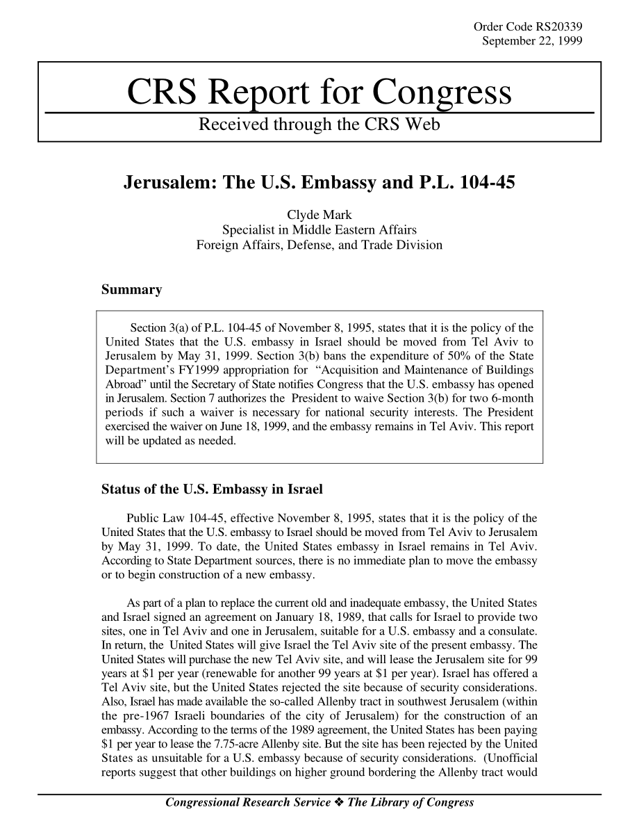 [19990922]RS20339_耶路撒冷： The U.S. Embassy and P.L. 104-45.pdf_第1页