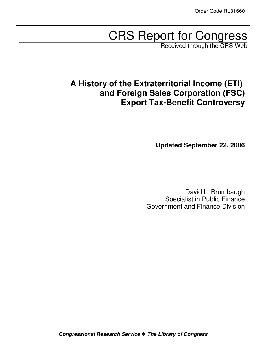 [20060922]RL31660_域外收入（ETI）和外国销售公司（FSC）出口税收优惠争议的历史.pdf_第1页