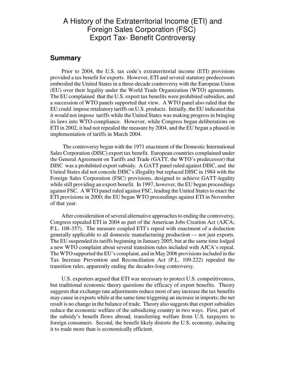 [20060922]RL31660_域外收入（ETI）和外国销售公司（FSC）出口税收优惠争议的历史.pdf_第2页