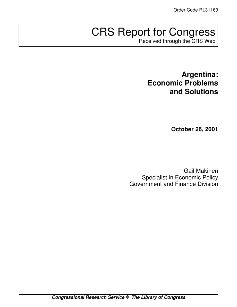 [20011026]RL31169_阿根廷：经济问题及解决方案.pdf_第1页