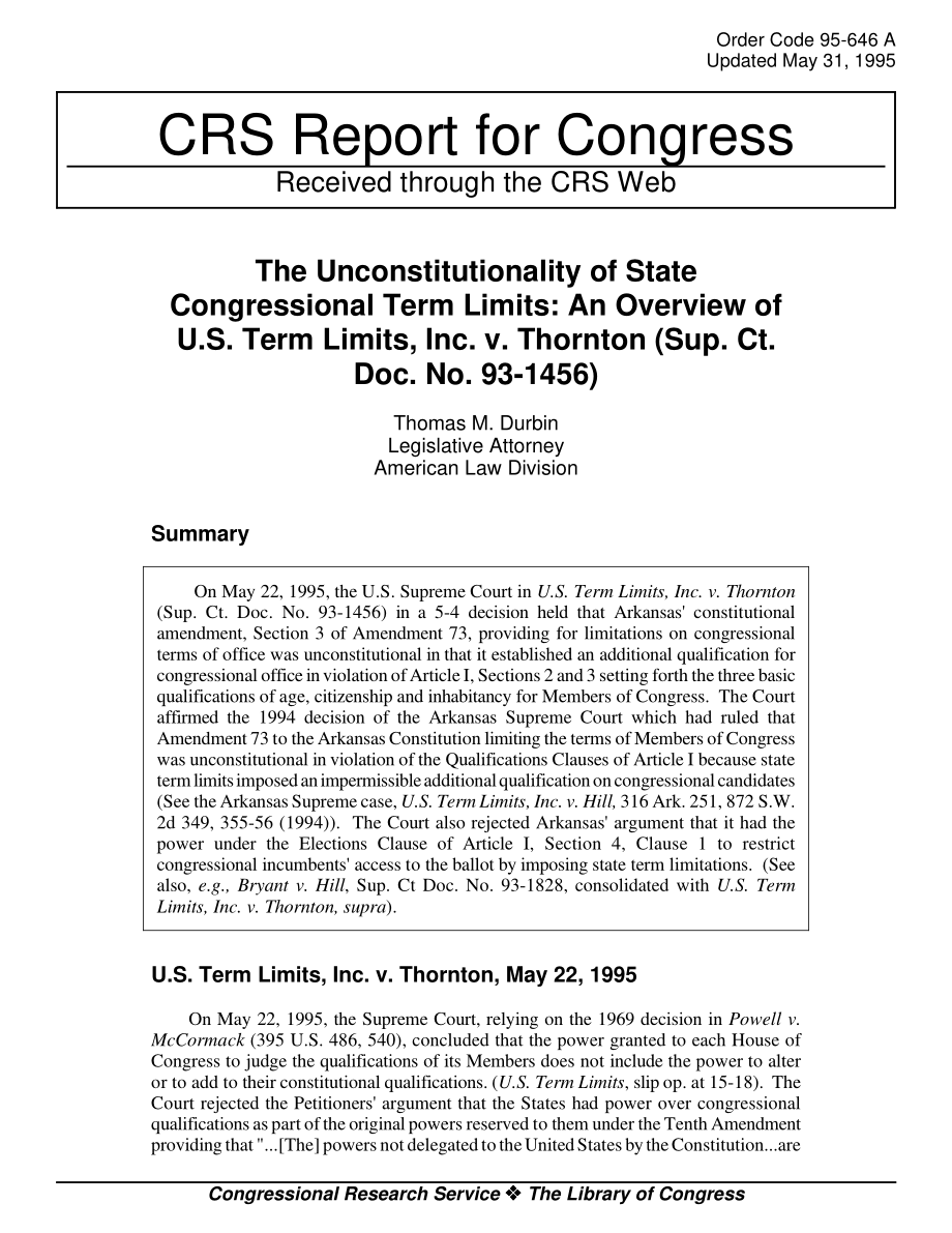 [19950531]95-646_州议会任期限制的违宪性：美国期限限制公司诉桑顿案概述（补充Ct文件编号：编号93-1456）.pdf_第1页