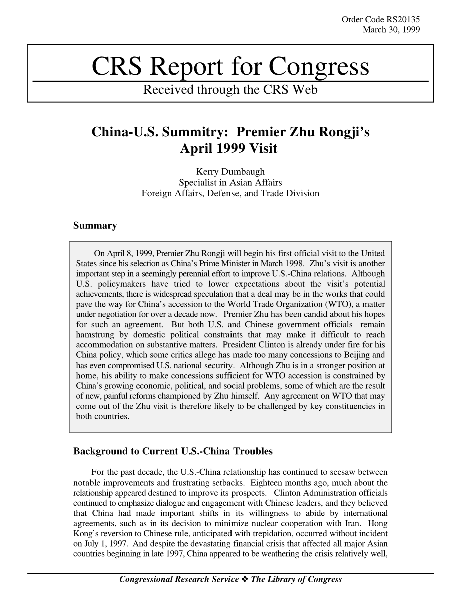 [19990330]RS20135_中美峰会：朱镕基总理1999年4月访华.pdf_第1页