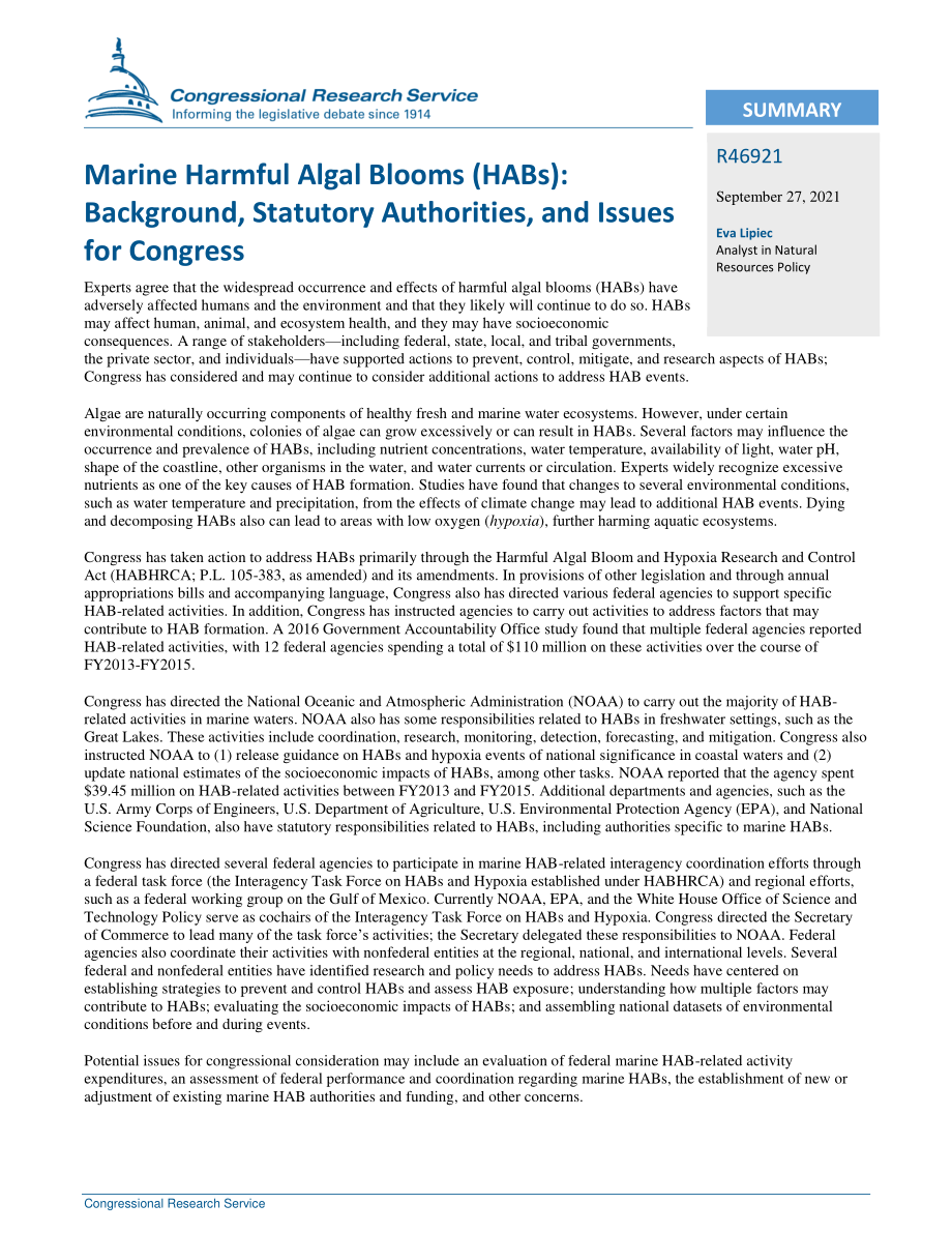 [20210927]R46921_海洋有害藻华（HAB）：背景、法定权限和国会议题.pdf_第2页