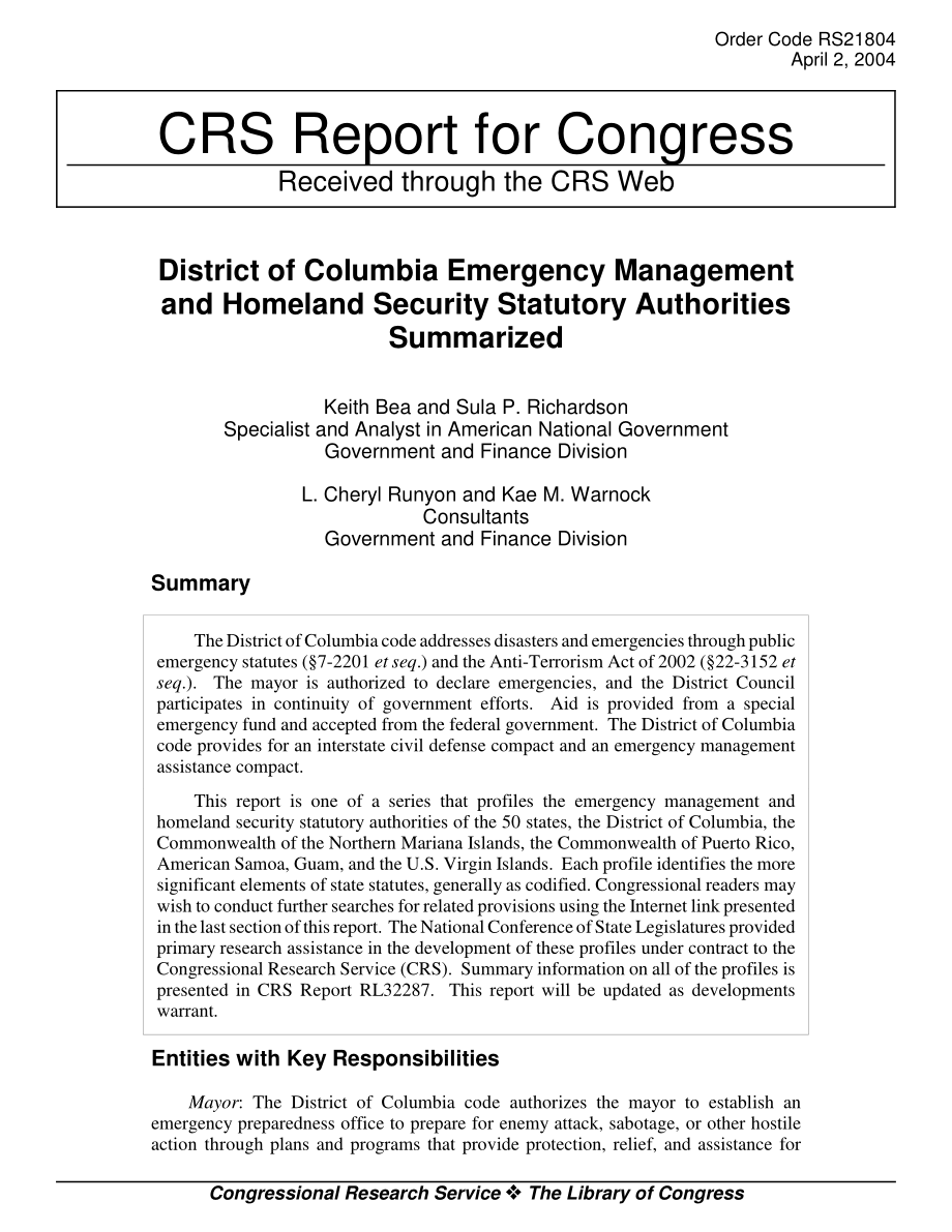 [20040402]RS21804_哥伦比亚特区应急管理和国土安全法定机构总结.pdf_第1页