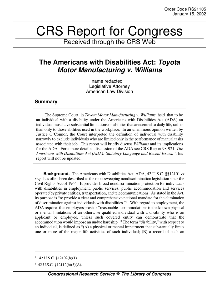[20020115]RS21105_美国残疾人法案：丰田汽车制造诉威廉姆斯.pdf_第1页