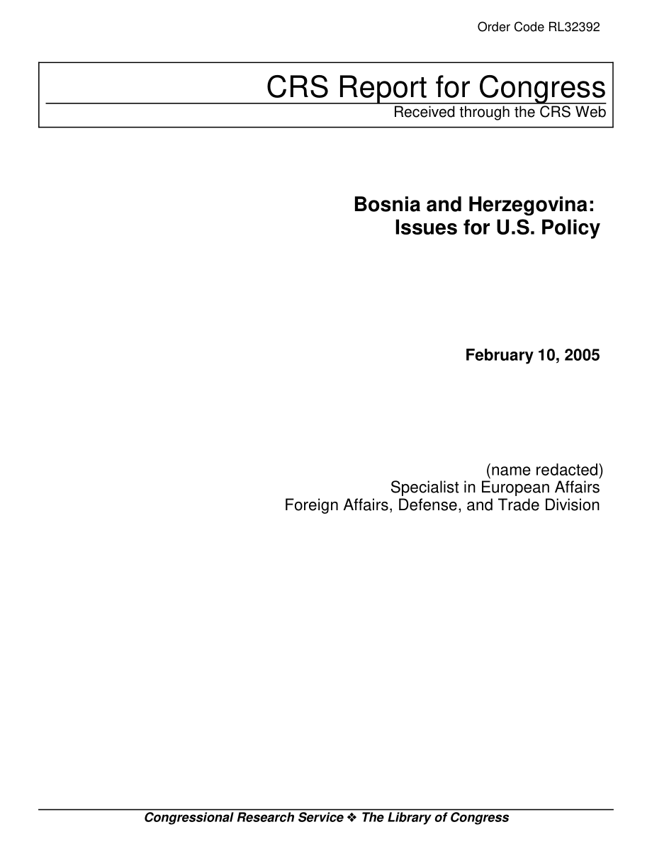 [20050210]RL32392_波斯尼亚和黑塞哥维那：美国政策问题.pdf_第1页