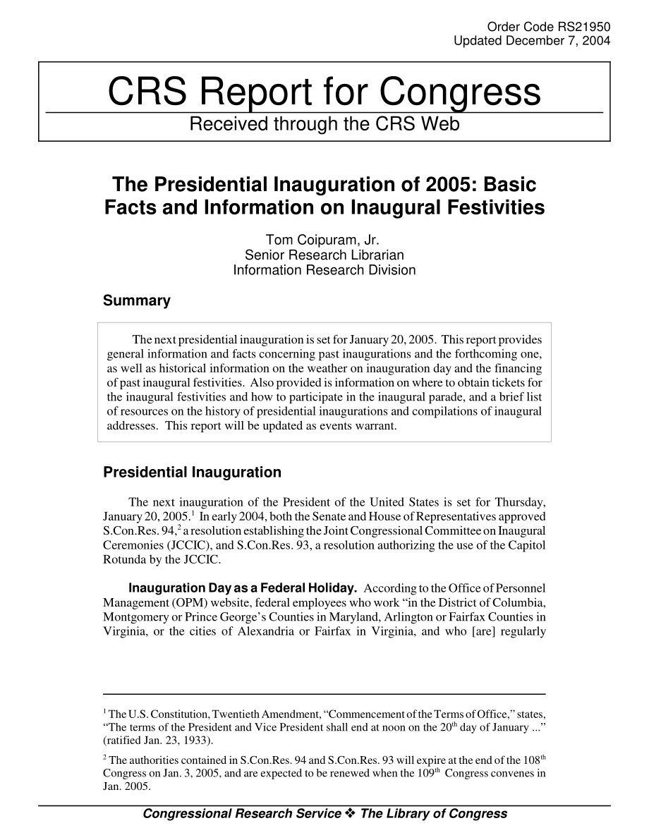 [20041207]RS21950_2005总统就职典礼：就职庆典的基本事实和信息.pdf_第1页