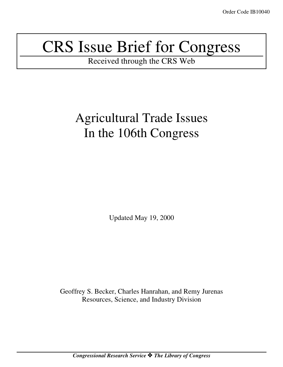 [20000519]IB10040_第106届国会的农业贸易问题.pdf_第1页