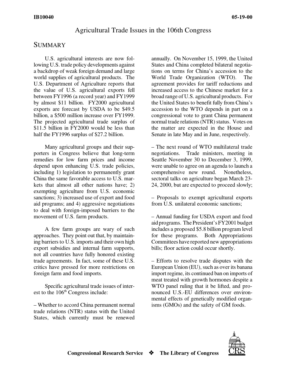 [20000519]IB10040_第106届国会的农业贸易问题.pdf_第3页