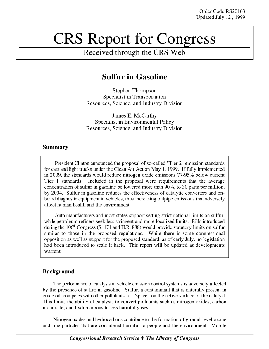 [19990712]RS20163_汽油中的硫与第106届国会.pdf_第1页