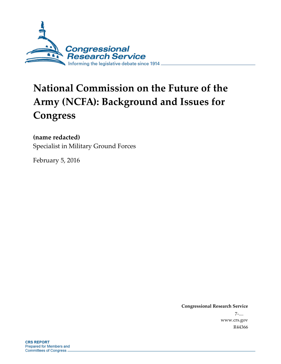 [20160205]R44366_国家陆军未来委员会（NCFA）：国会背景和议题.pdf_第1页