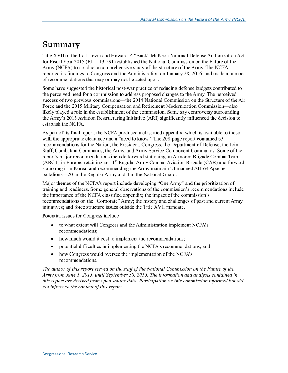 [20160205]R44366_国家陆军未来委员会（NCFA）：国会背景和议题.pdf_第2页