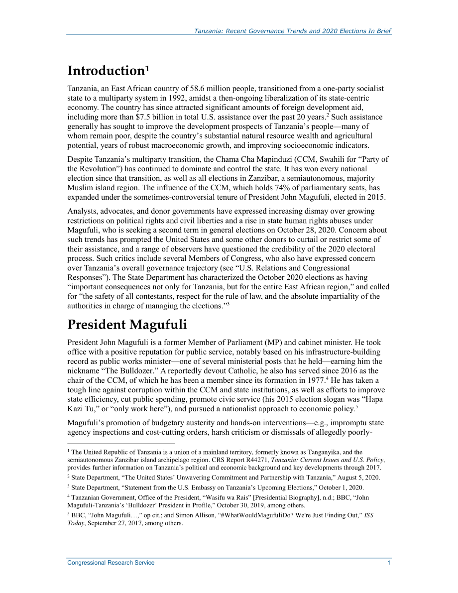 [20201026]R46579_坦桑尼亚：近期治理趋势和2020年选举简介.pdf_第3页