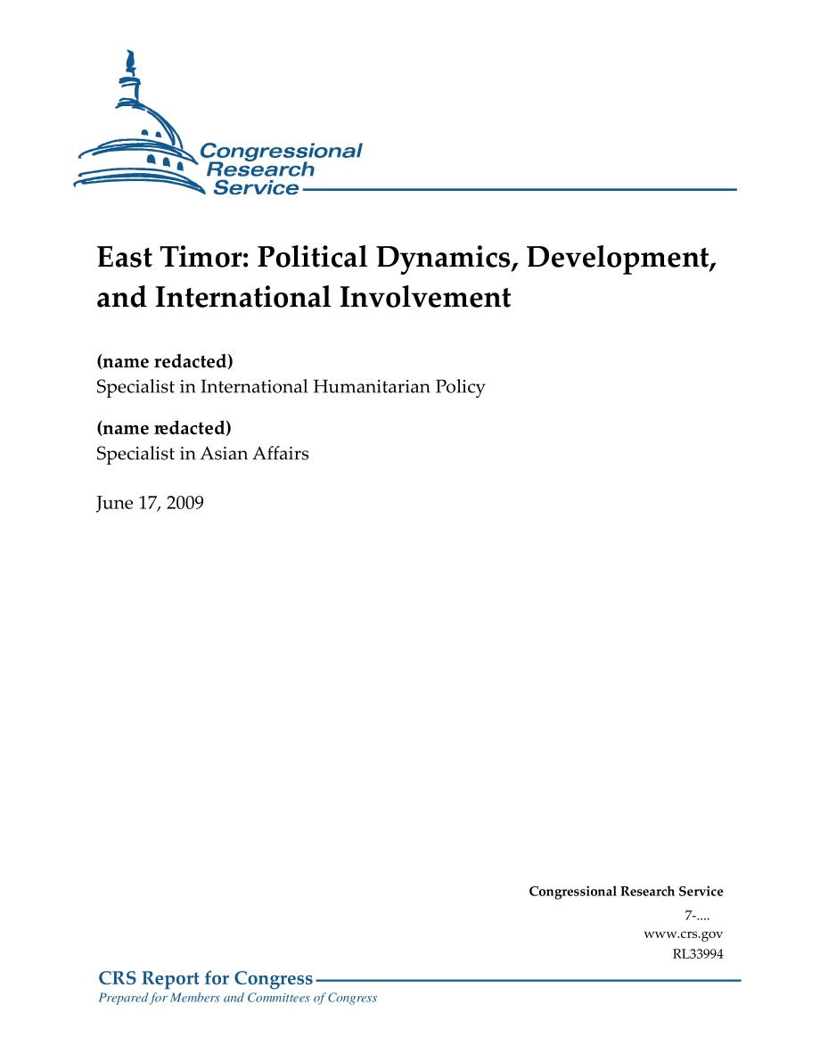 [20090617]RL33994_东帝汶：政治动态、发展和国际参与.pdf_第1页