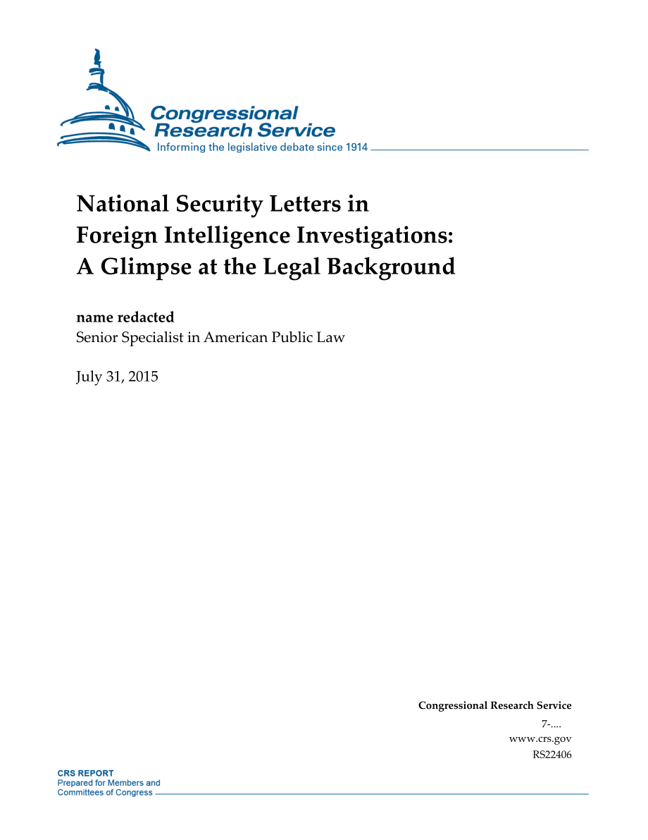 [20150731]RS22406_外国情报调查中的国家安全信函：法律背景一瞥.pdf_第1页