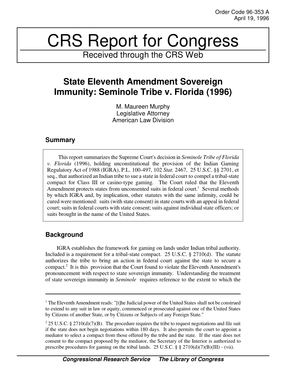 [19960419]96-353_国家第十一修正案主权豁免：塞米诺尔部落诉佛罗里达州南卡罗来纳州116号1114 (1996).pdf_第1页