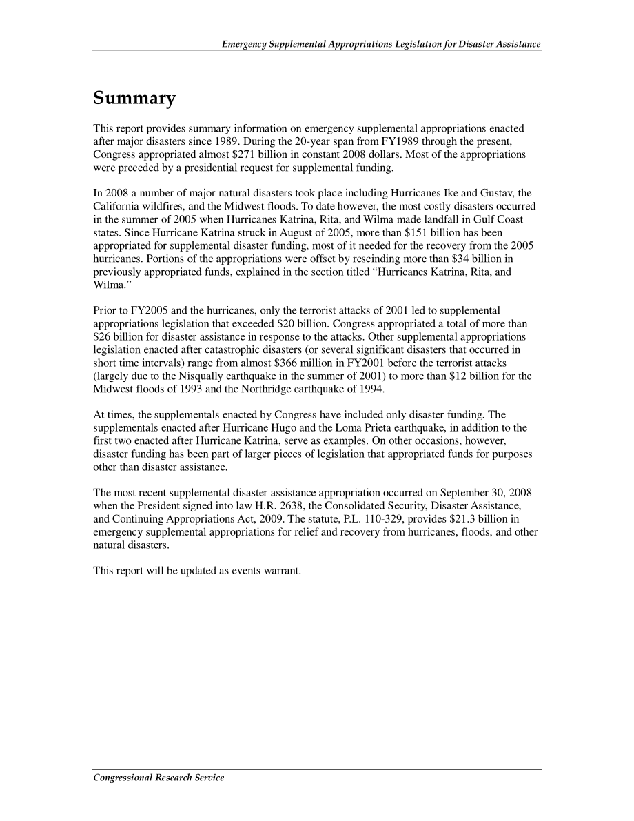 [20081031]RL33226_灾害援助紧急补充拨款立法：摘要数据.pdf_第2页