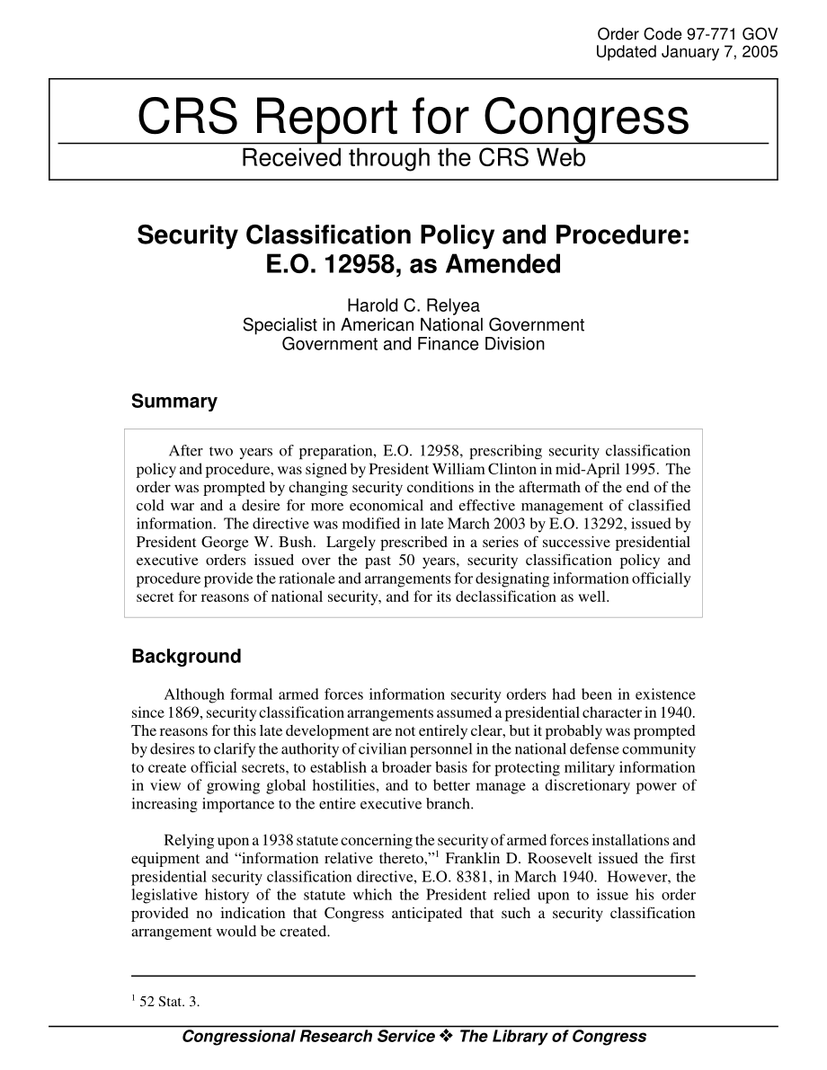 [20050107]97-771GOV_安全分类政策和程序：E、 O12958修订版.pdf_第1页