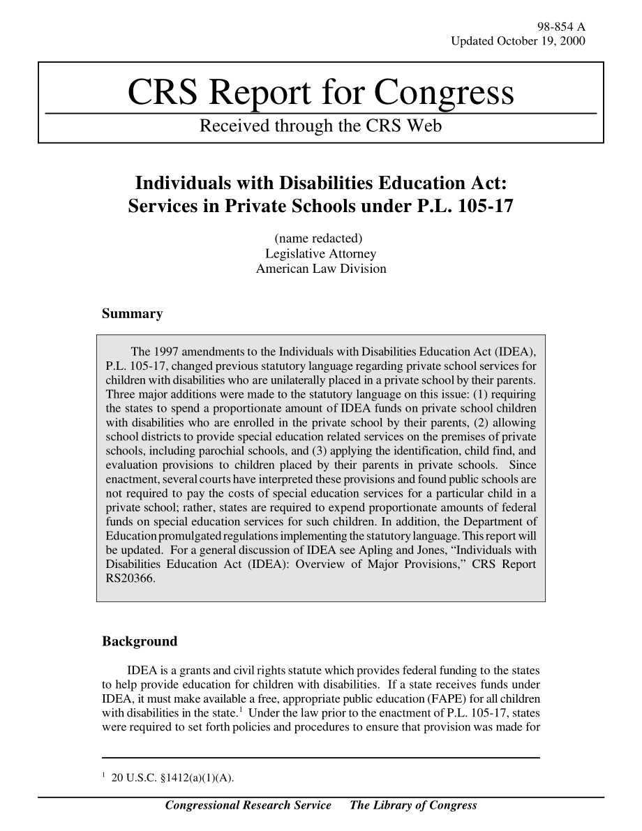 [20001019]98-854_《残疾人教育法》：P.L.私立学校的服务105-17.pdf_第1页