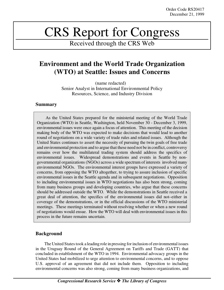 [19991221]RS20417_西雅图环境与世界贸易组织（WTO）：问题和关注点.pdf_第1页