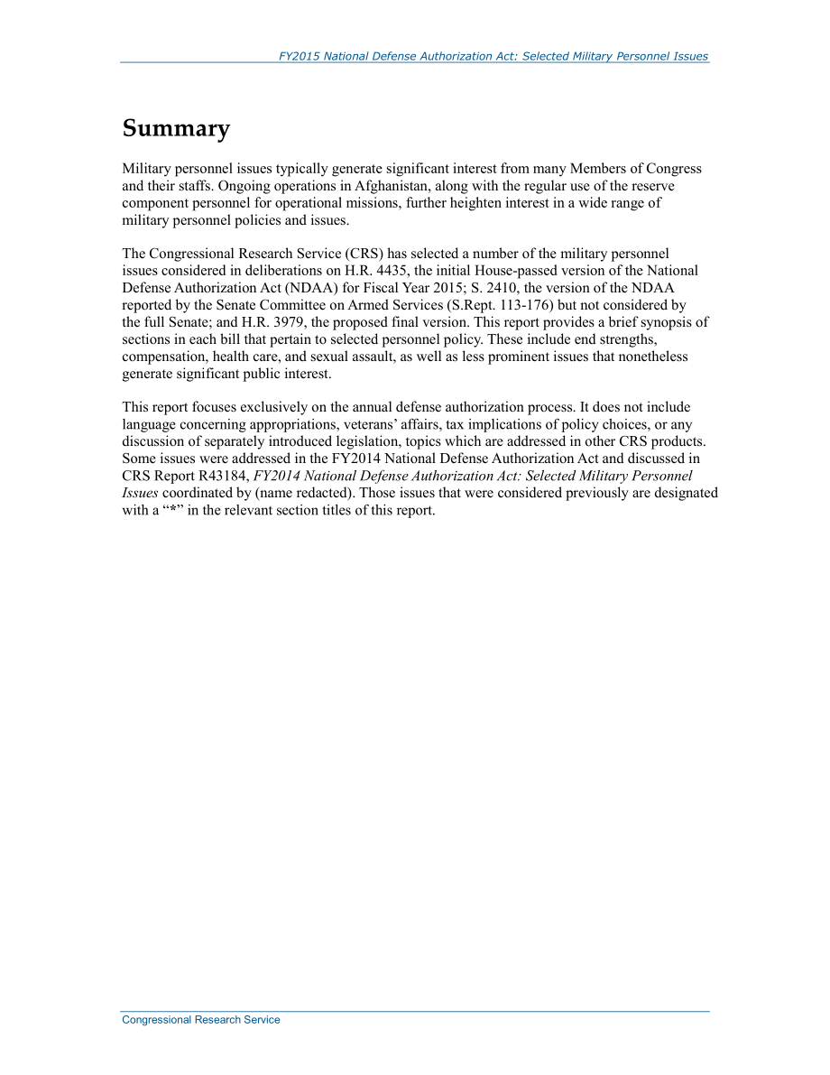 [20141211]R43647_2015财年国防授权法案：选定的军事人员问题.pdf_第2页