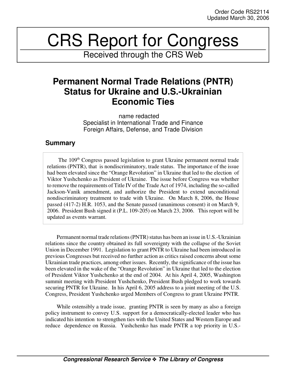 [20060330]RS22114_乌克兰永久正常贸易关系（PNTR）地位和美乌经济关系.pdf_第1页