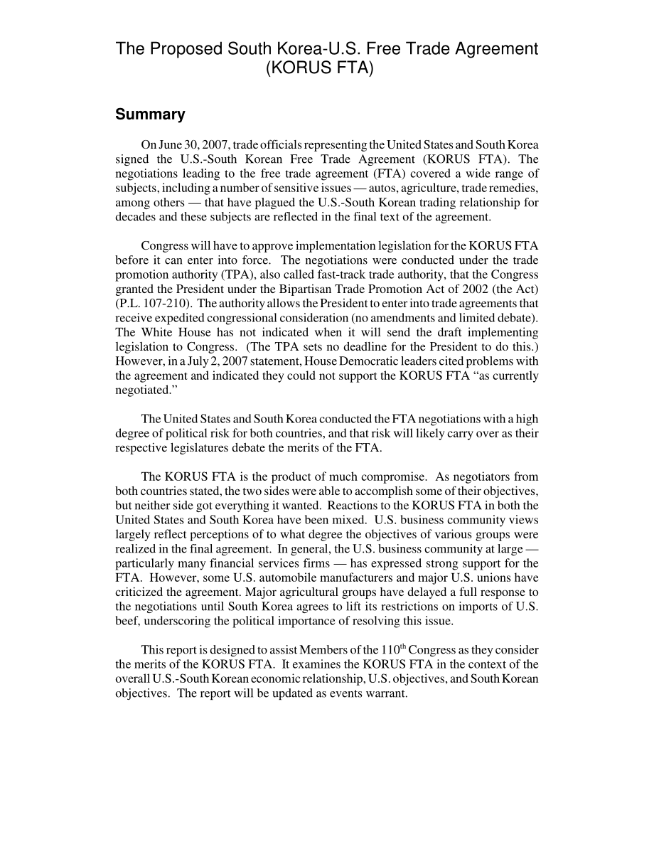 [20070718]RL33435_The Proposed South Korea-U.S. Free Trade Agreement (KORUS FTA).pdf_第2页