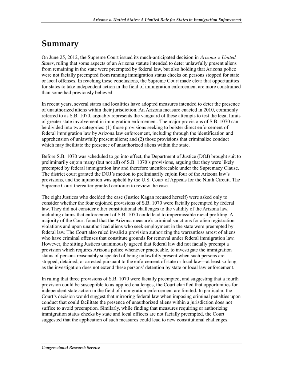 [20120910]R42719_亚利桑那州诉美国：国家在移民执法中的有限作用.pdf_第2页