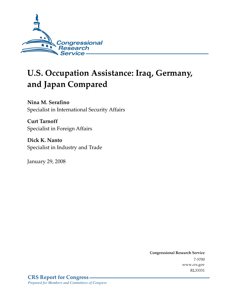 [20080129]RL33331_美国职业援助：伊拉克、德国和日本进行了比较.pdf_第1页